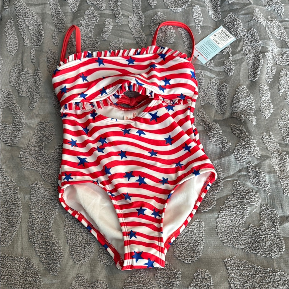 Red and White Striped Kids Swimsuit with Blue Stars